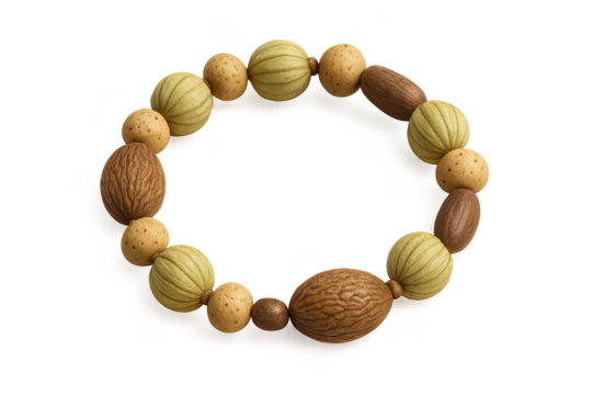 Organic wooden beads bracelet, natural materials, isolated on transparent background