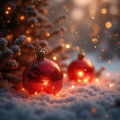 red christmas balls on snow