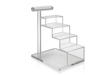 Clear acrylic 4-tier display stand with top bar, isolated transparent