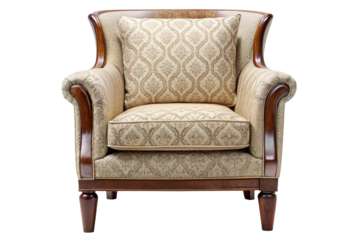 Elegant upholstered wingback armchair with intricate damask pattern isolated on transparent background
