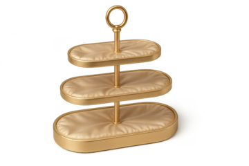 Elegant three-tier golden dessert stand with cushioned trays, isolated subject