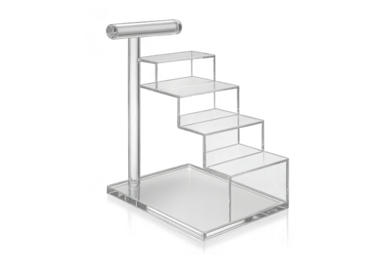 Clear acrylic 4-tier display stand with top bar, isolated transparent