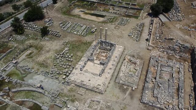 Aerial view of the Temple of Leto in Letoon ancient Greek city