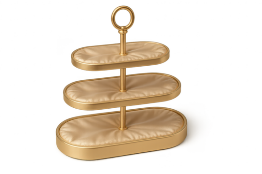 Elegant three-tier golden dessert stand with cushioned trays, isolated subject