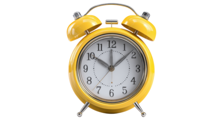 Yellow ringing alarm clock standing with classic design on transparent background. Concept of punctuality, early start, time management