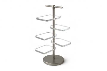 Modern display stand with acrylic shelves on a transparent background, isolated