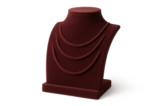 Elegant maroon velvet necklace jewelry display stand isolated on transparent background