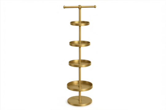 Elegant golden multi-tier display stand with trays, isolated on transparent background.