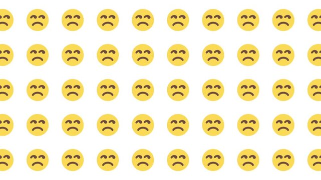 Pattern of sad and disappointed yellow emoji faces. Suitable for adding emotive design elements to social media posts, presentations, or websites.