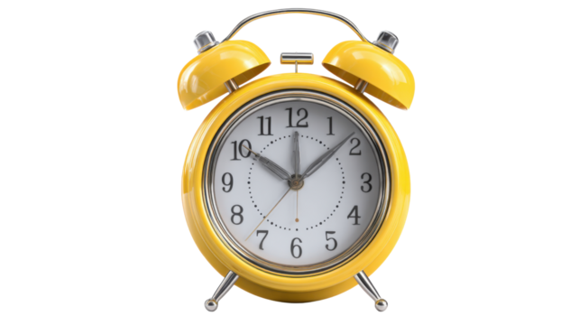 Yellow ringing alarm clock standing with classic design on transparent background. Concept of punctuality, early start, time management - Powered by Adobe