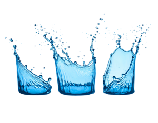 Three dynamic blue water splashes on a black background