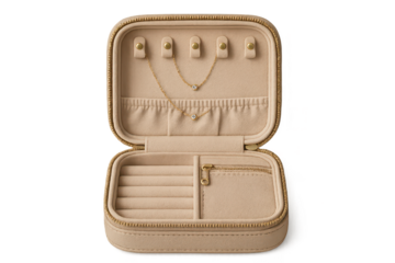 Elegant beige jewelry case with gold necklaces, isolated on transparent background