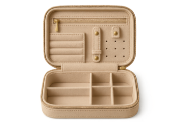 Open beige jewelry travel case isolated on transparent background, organized