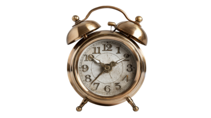 Antique brass alarm clock with a distressed face. This retro timepiece is signifying morning, wake up time, and urgency