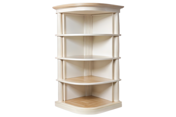 Antique white wooden corner shelf unit with four tiers for display and storage isolated on transparent background