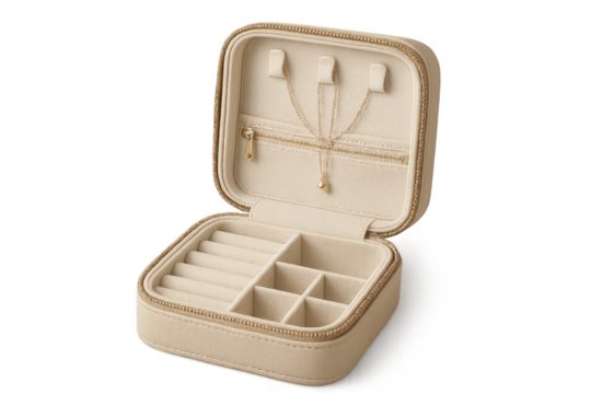 Open beige jewelry box isolated on transparent background with gold necklace