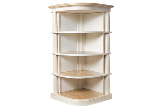 Antique white wooden corner shelf unit with four tiers for display and storage isolated on transparent background