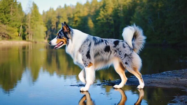A blue merle australian shepherd walks along the lake shore on a sunny day in the forest park dog video