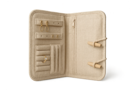 Open jewelry roll isolated on transparent background, beige and elegant travel case