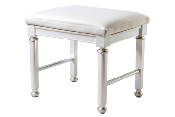 Elegant tufted white vanity stool with mirrored accents and clear legs isolated on transparent background