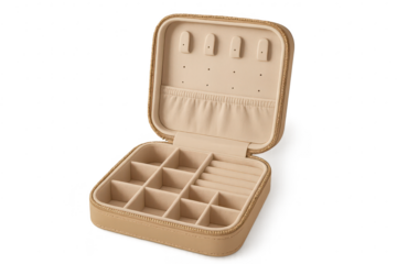 Elegant beige jewelry box isolated on transparent background, open and empty