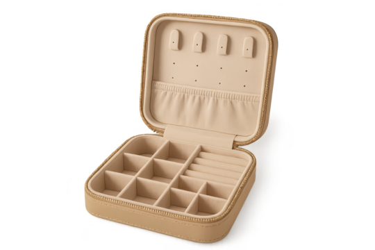 Elegant beige jewelry box isolated on transparent background, open and empty