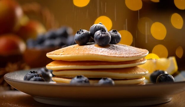 A stack of pancakes topped with blueberries on a plate in a warm, inviting setting with bokeh lights
