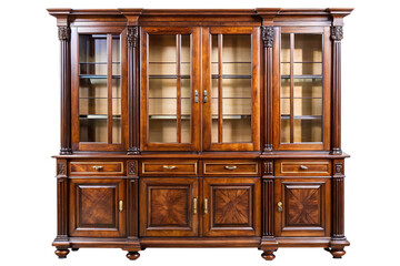 Antique ornate dark wood display cabinet with glass doors and carved details isolated on transparent background