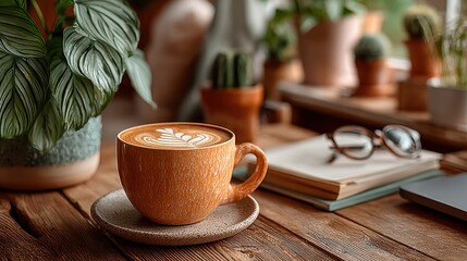 Cozy morning scene with coffee, plants, and books, creating a relaxing ambiance