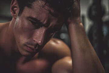 Sweaty man taking a break during intense workout