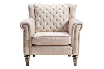 Elegant tufted wingback armchair with plush upholstery and ornate carved legs isolated on transparent background