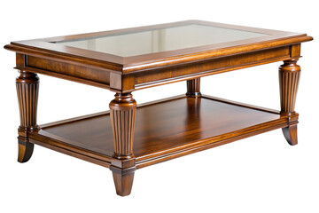 Elegant antique wooden coffee table with lower shelf and carved legs isolated on transparent background