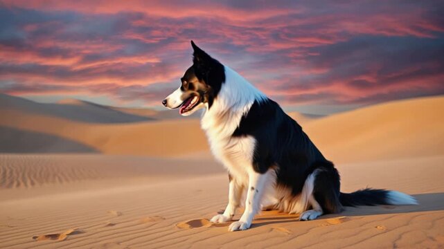 A border collie dog sitting in a desert landscape under a vibrant sunset sky with orange clouds dog video