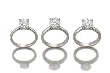 Three sparkling diamond engagement rings isolated on transparent background