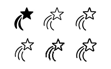 Fototapeta premium Shooting star icons in various styles: silhouette, linear, pixel, and outline