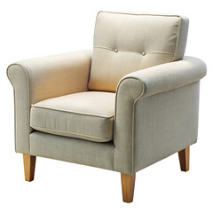 Classic upholstered armchair with plush fabric and wooden legs isolated on transparent background