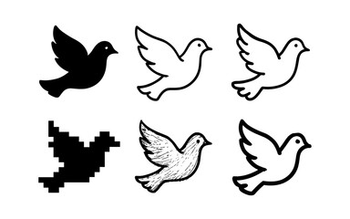 Fototapeta premium Dove in diverse styles: silhouette, outline, pixelated, and sketch variations