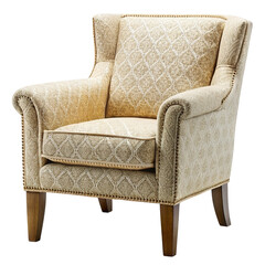 Elegant wingback armchair with intricate floral pattern isolated on transparent background