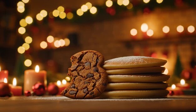 A chocolate chip cookie and a stack of pancakes on a table with candles and christmas lights behind