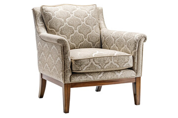 Elegant upholstered armchair with intricate damask pattern isolated on transparent background