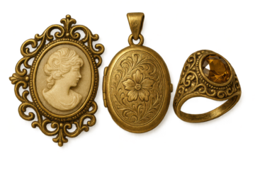 Ornate antique gold jewelry collection isolated on transparent background.