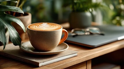 A cup of latte art coffee on a wooden table next to a laptop and glasses