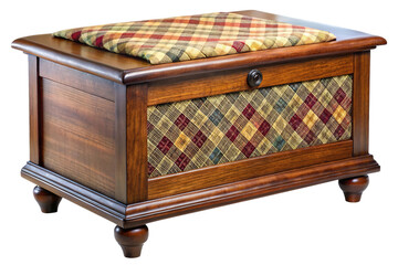 Antique wooden storage chest with decorative quilted panel and padded seat isolated on transparent background