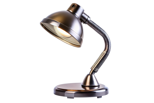 A shiny metallic desk lamp with a flexible gooseneck arm and a round base isolated on transparent background