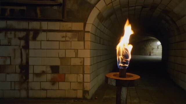 Lonely torch fire burning on a rusted pillar inside an abandoned subway tunnel with dramatic cinematic shadows.