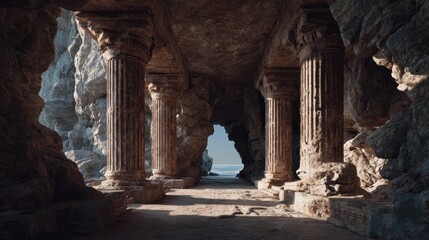 Mysterious ancient architecture cave with stone pillars and distant sea view