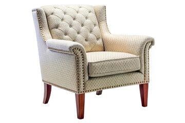 Elegant tufted wingback armchair with decorative nailhead trim isolated on transparent background