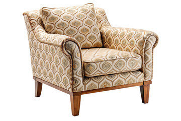 Elegant upholstered armchair with intricate geometric pattern and wooden legs isolated on transparent background