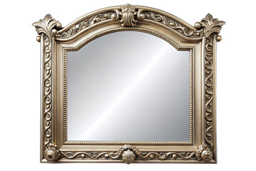 Ornate antique gold carved mirror with an arched top and decorative details isolated on transparent background