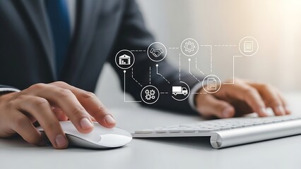 Business professional using computer with digital network icons overlay for logistics and data management
